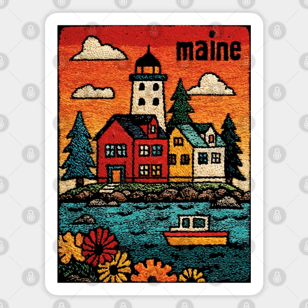 Maine Coastal Village Linocut Print | Retro New England Lighthouse Magnet by TuncGK